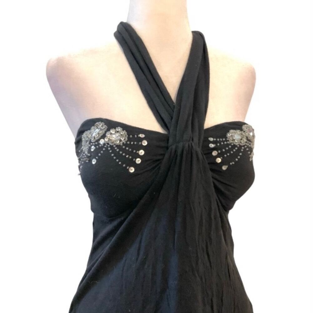 Y2K Black Rhinestone Beaded Tank Top Size M Preppy Grunge
